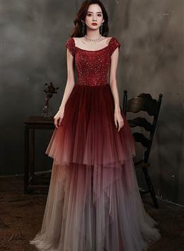 Picture of Charming Dark Red Color Gradient Tulle Beaded Formal Dresses Party Dresses, Layers Long Prom Dresses